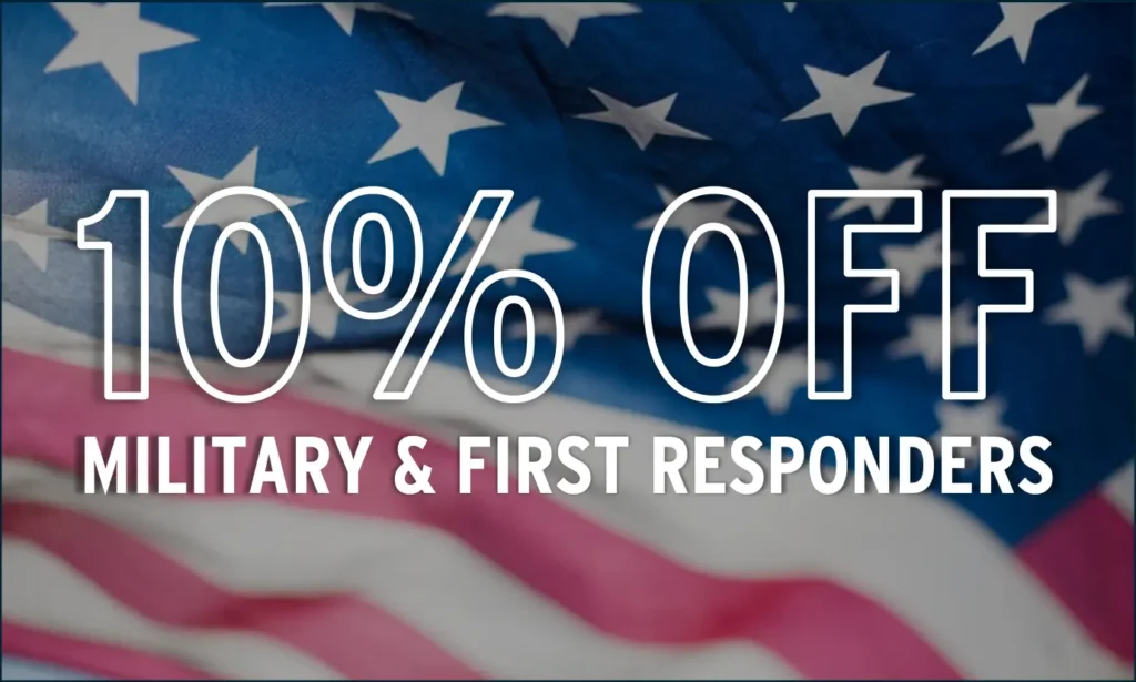 American flag graphic promoting 10% off gameplay, food and non-alcoholic beverages for active-duty military, veterans and first responders at Drive Shack.
