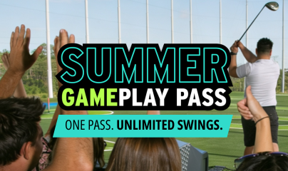 Promotional banner for 'Summer Game Play Pass' advertising one pass with unlimited swings at a golf driving range.